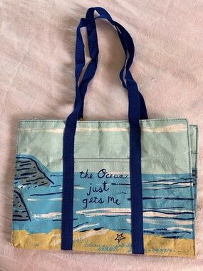 Blue Q Light Blue Ocean Print Shoulder Tote with Blue Handles